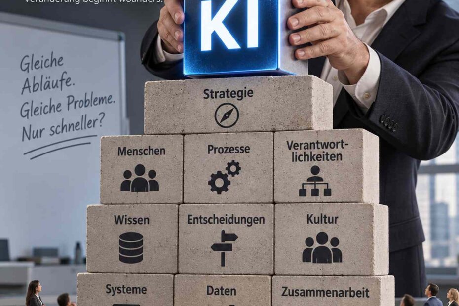 Wilfried Häring setzt symbolisch einen KI-Baustein auf eine Unternehmensorganisation aus Menschen, Prozessen, Wissen, Daten, Verantwortung und Zusammenarbeit.