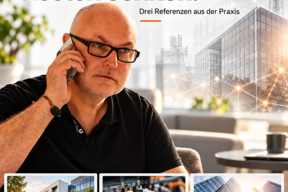 Wilfried Häring stellt drei Referenzen vor: Liegenschaftsmanagement, Konnektivität und Kostensenkungsprogramm.