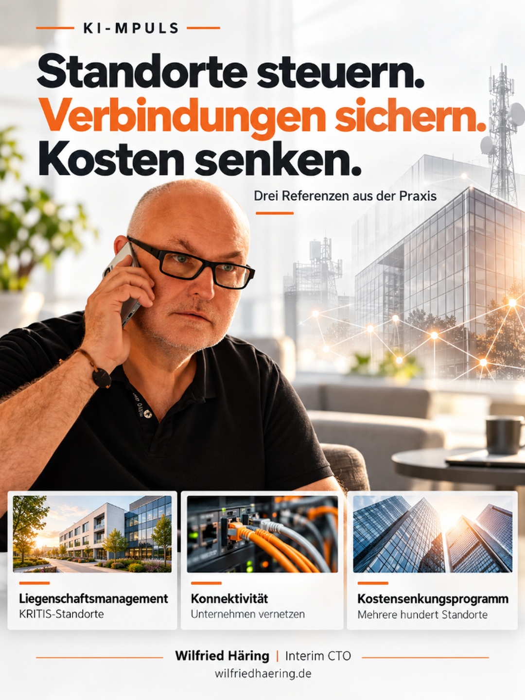 Wilfried Häring stellt drei Referenzen vor: Liegenschaftsmanagement, Konnektivität und Kostensenkungsprogramm.