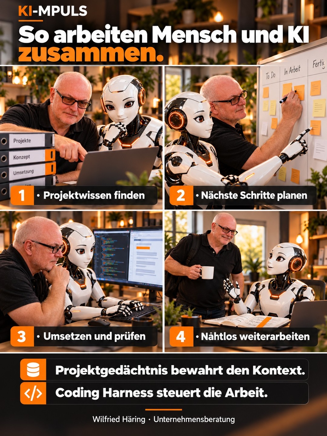 Vier beispielhafte Arbeitssituationen von Wilfried Häring mit dem KI-Bot.