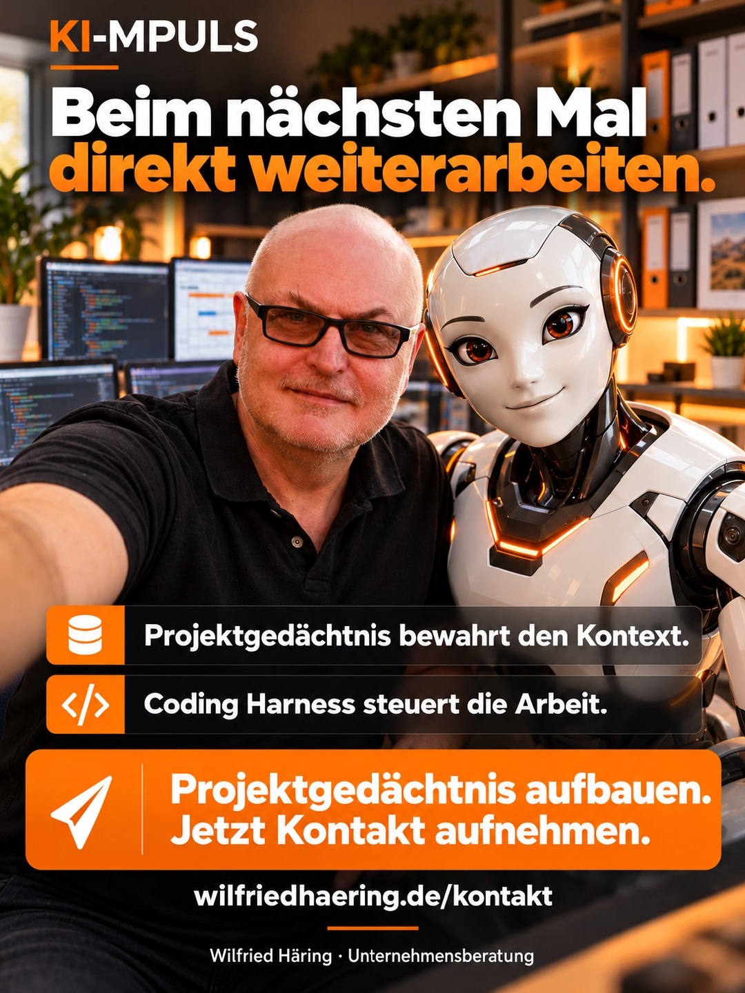 Wilfried Häring und KI-Bot mit Kontaktaufruf zum Aufbau eines Projektgedächtnisses.
