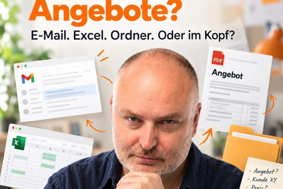 Wilfried Häring mit E-Mail, Excel-Tabelle, Angebotsdokument und Ordnern: Wo steckt das Wissen über Ihre Angebote?