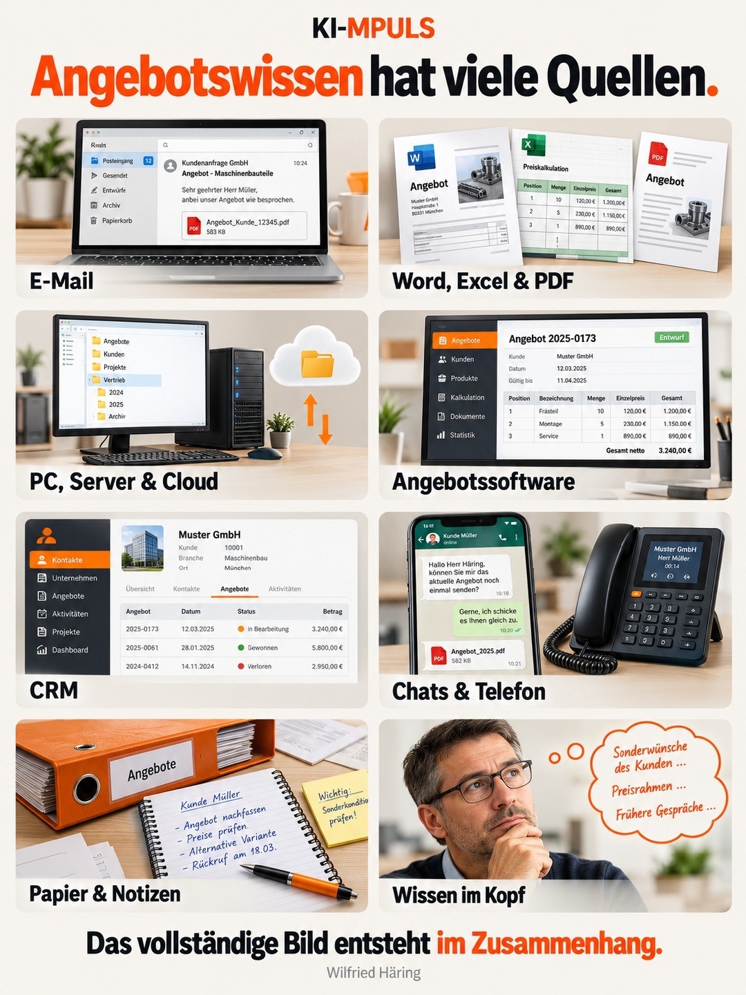 Acht Quellen für Angebotswissen: E-Mail, Dokumente, PC und Cloud, Angebotssoftware, CRM, Chats und Telefon, Notizen sowie Wissen im Kopf.