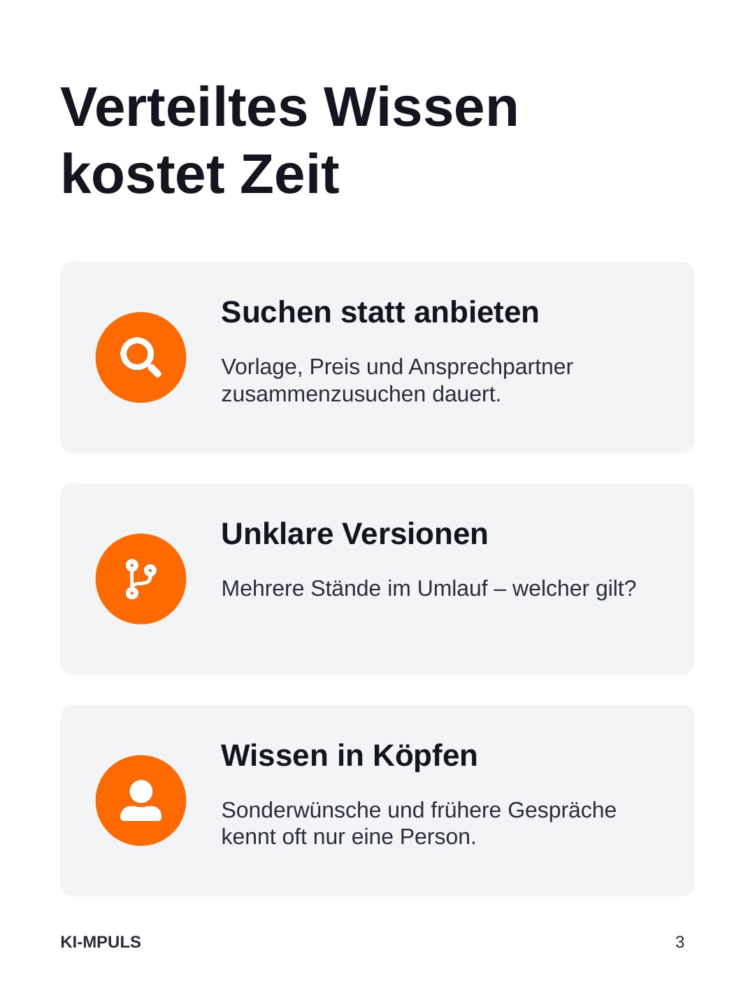 Verteiltes Wissen kostet Zeit durch die Suche nach Informationen, unklare Versionen und Wissen bei einzelnen Personen.