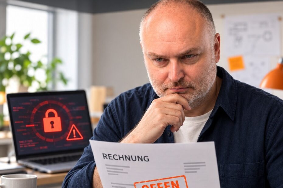 Wilfried Häring mit offener Rechnung: Was wird aus deiner Rechnung, wenn dein Kunde gehackt wurde? KI-generierte Illustration.