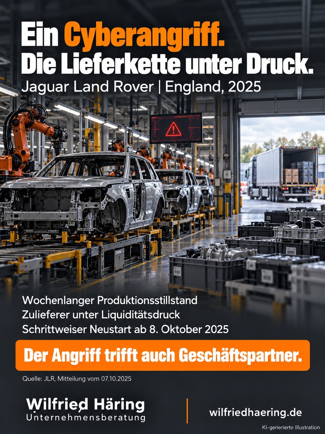 Jaguar Land Rover 2025: stillstehende Fertigung und Zulieferer unter Liquiditätsdruck. KI-generierte Illustration.