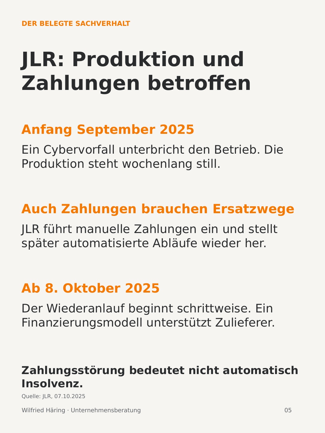 Belegter JLR-Fall: Produktionsstillstand, manuelle Lieferantenzahlungen und schrittweiser Neustart ab 8. Oktober 2025.