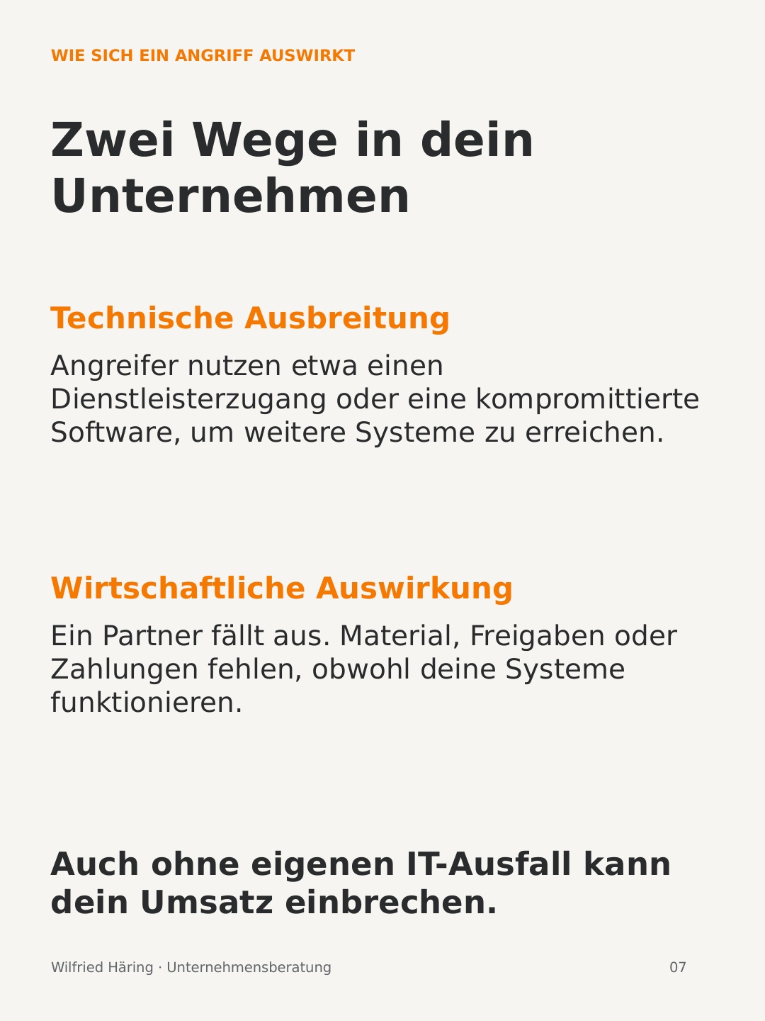 Zwei Risikowege: technische Ausbreitung eines Angriffs und wirtschaftliche Folgen durch den Ausfall eines Partners.