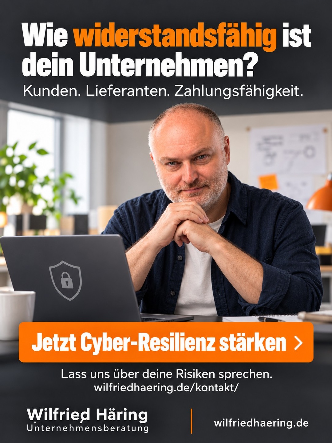 Wilfried Häring mit Kontaktaufruf: Jetzt Cyber-Resilienz stärken. KI-generierte Porträtdarstellung.