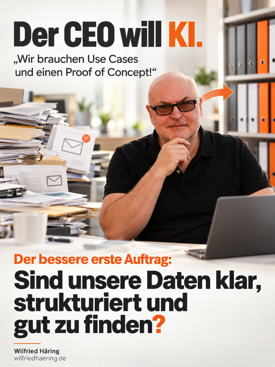 Folie 1 von 9: Der CEO will KI – Daten zuerst klären
