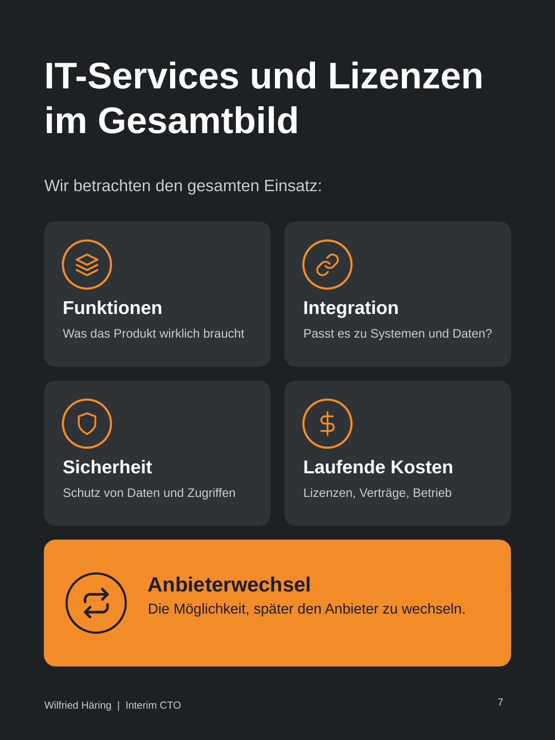 IT-Services und Lizenzen nach Funktionen, Integration, Sicherheit, laufenden Kosten und Anbieterwechsel bewerten.