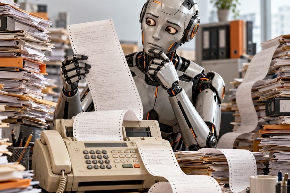 Ein moderner Roboter zwischen Papierstapeln und Faxgerät: Die KI ist da. Die Daten kommen per Fax.