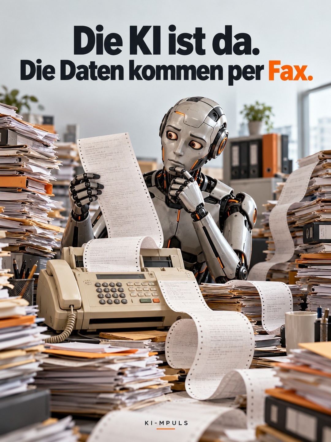 Ein moderner Roboter zwischen Papierstapeln und Faxgerät: Die KI ist da. Die Daten kommen per Fax.