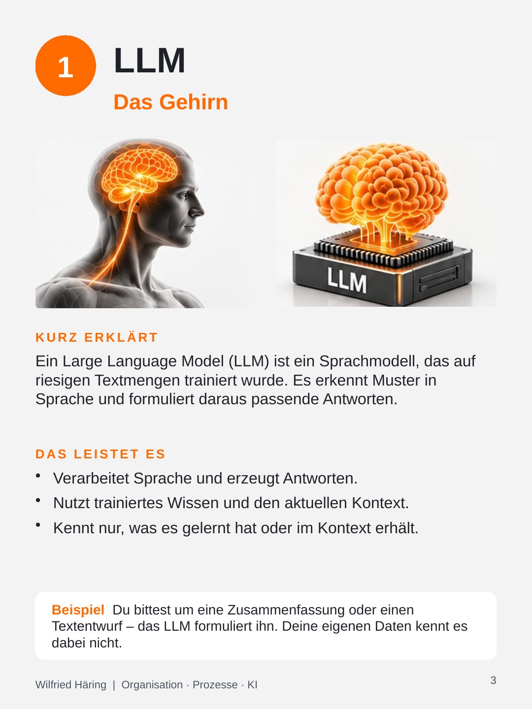LLM als Gehirn: Ein Sprachmodell verarbeitet Sprache und formuliert Antworten.