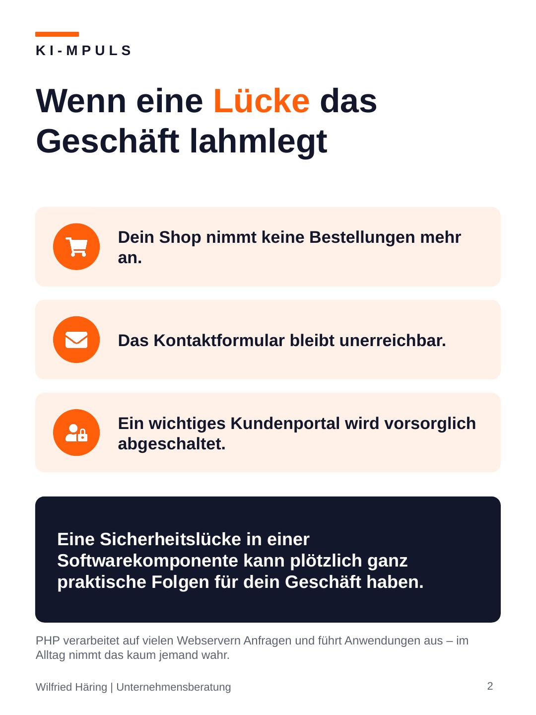 Mögliche Folgen einer Sicherheitslücke für Shop, Kontaktformular und Kundenportal.