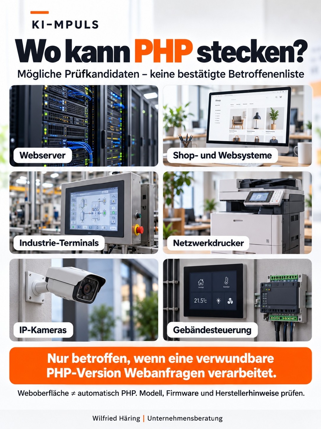 Sechs mögliche Prüfkandidaten für PHP, keine bestätigte Betroffenenliste.