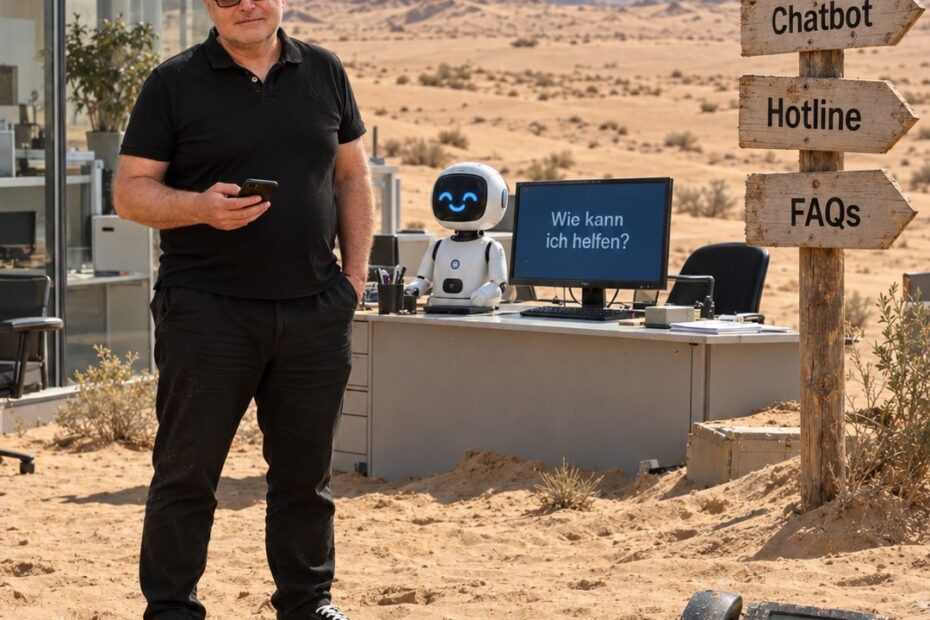 Wilfried Häring in der Servicewüste mit Chatbot, Hotline und FAQ-Ordner.